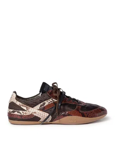Miu Miu Gymnasium Technical Fabric And Python-print Ayers Leather Sneakers In Brown
