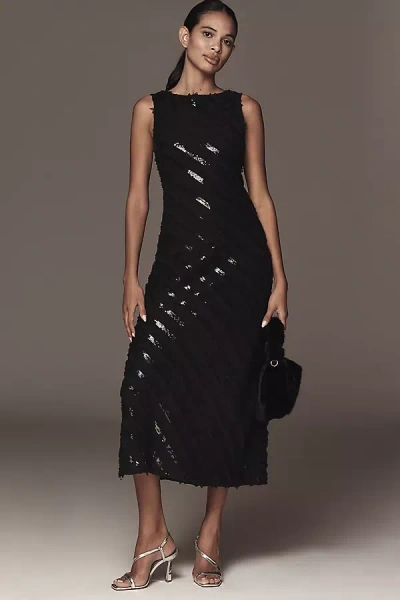 Endless Rose Boat-neck Textured Slim Midi Dress In Black