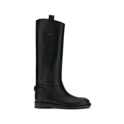Burberry Women Black Boots With Side Logo Plaque In Leather Woman In Black