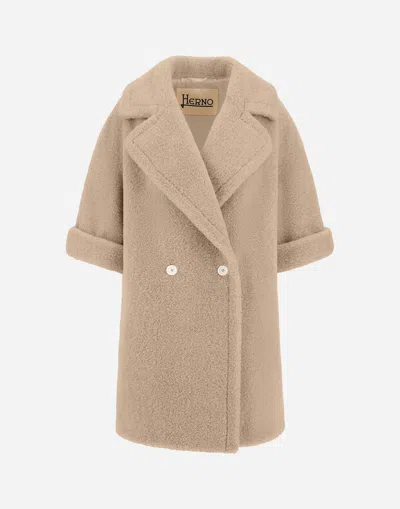 Herno Double-breasted Coat In Melange Teddy In Neutral