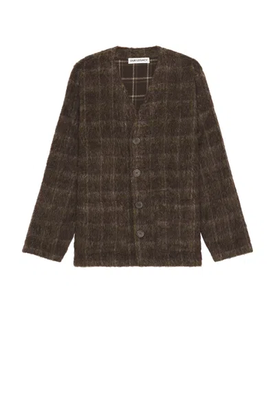 Our Legacy Embroidered Wool Blend V-neck Cardigan With Front Pockets In Brown