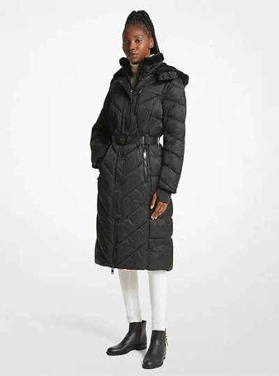 Michael Kors Faux Fur Trim Belted Puffer Coat In Black