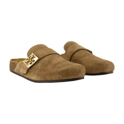 Tory Burch Mellow Suede Buckle Slide Mules In Brown