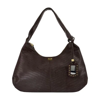 Ganni Xxl Croc-embossed Leather Shoulder Bag In Brown