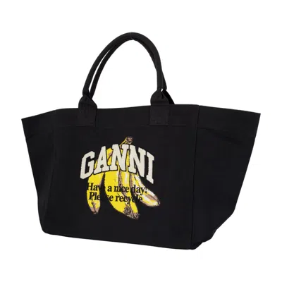 Ganni Banana Print Xxl Tote Bag In Black