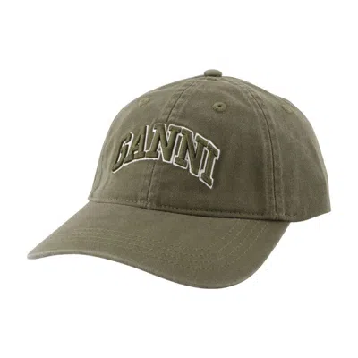 Ganni Green Baseball Cap With Logo Lettering Embroidery On The Front And Logo Patch On The Rear In Cotton  In Green