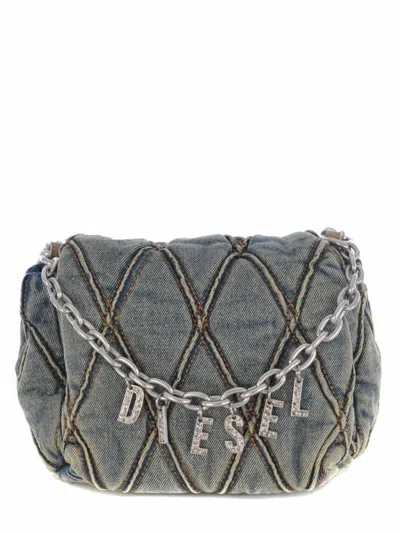 Diesel Logo Charm Denim Shoulder Bag In Blue