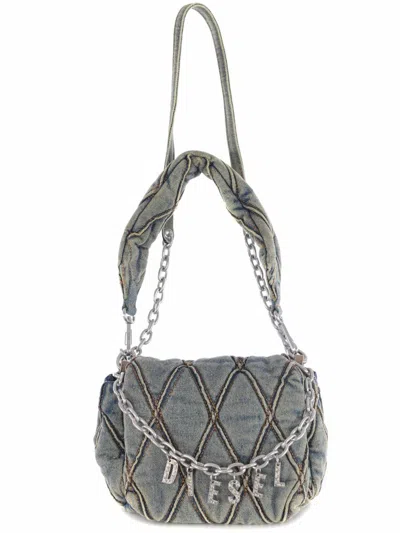 Diesel Logo Charm Denim Shoulder Bag In Blue