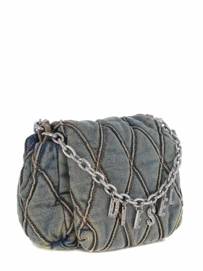 Diesel Logo Charm Denim Shoulder Bag In Blue