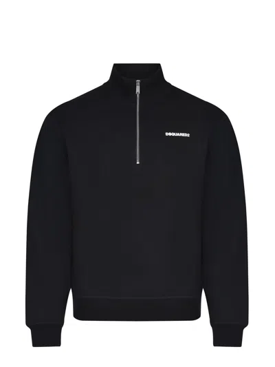 Dsquared2 Men Black High Neck Sweatshirt With Lettering Logo On The Front In Cotton Man In Black