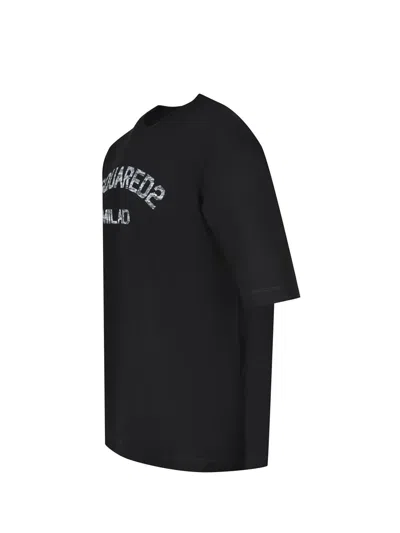 Dsquared2 Loose Fit Tee Logo Dsq2 Milano Sbiadito Effetto Texture Jersey Di Cotone T-shirt In Black