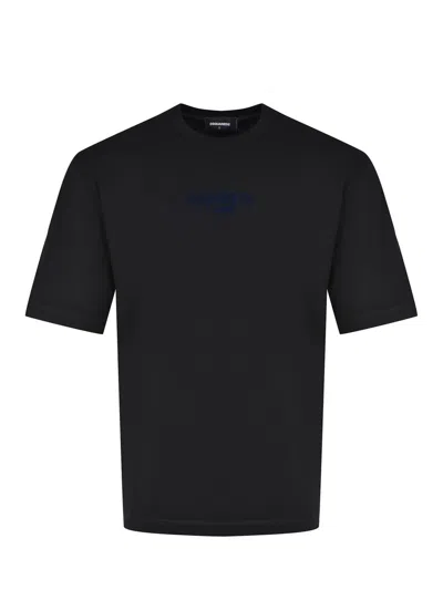 Dsquared2 Men Black Crewneck T-shirt With Logo Lettering On The Front In Cotton Man In Black