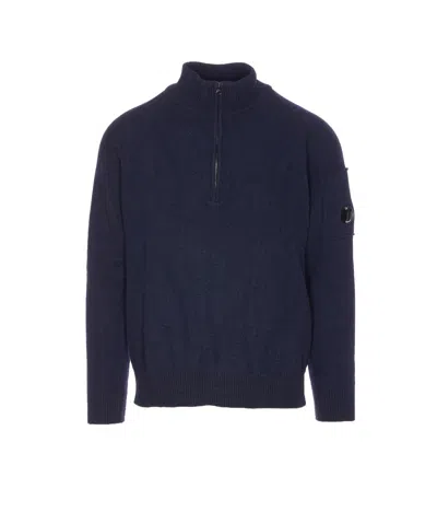 C.p. Company High Neck Knitwear With Arm Patch Detail In Blue