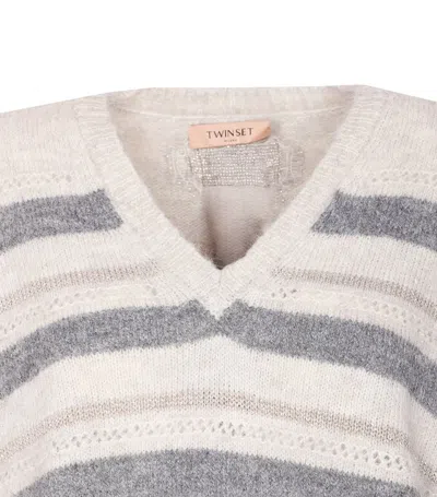Twinset Horizontal Striped Knit Sweater With V-neckline In Gray