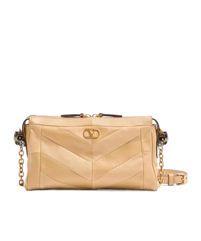 Valentino Garavani Panthea Small Shoulder Bag In Nappa Leather With A Chevron Pattern In Brown