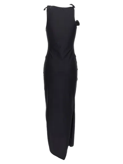 Coperni Long Black Asymmetric Dress With Roses Applications In Stretch Polyamide Woman In Black