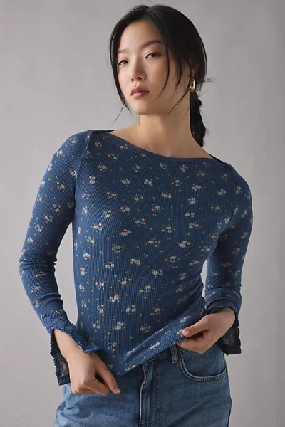 Kimchi Blue Lola Lace Trim Boatneck Long Sleeve Top In Blue Floral, Women's At Urban Outfitters In Blue