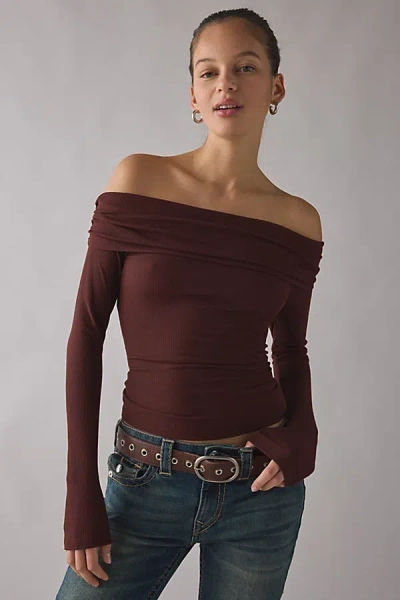 Kimchi Blue Lily Ruched Foldover Off-the-shoulder Knit Top In Brown, Women's At Urban Outfitters In Brown