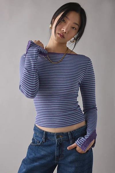 Kimchi Blue Lola Lace Trim Boatneck Long Sleeve Top In Blue Stripe, Women's At Urban Outfitters In Blue