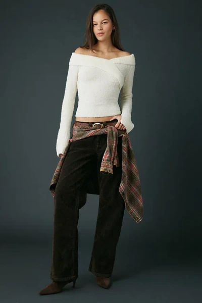 Kimchi Blue Andie Asymmetric Foldover Off-the-shoulder Sweater In White, Women's At Urban Outfitters In White