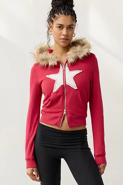 Out From Under Bundle Up Faux Fur Trim Zip-up Hoodie Sweatshirt In Red, Women's At Urban Outfitters In Red