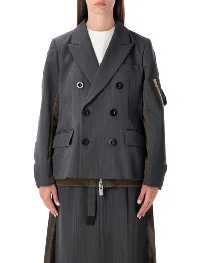 Sacai Double-breasted Wool And Nylon Blazer In Gray