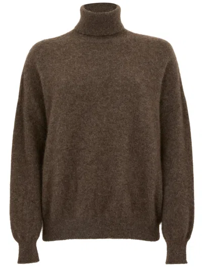 Vanisé High Turtleneck Brown Sweater With Puff Sleeves And Ribbed Hem In Multi