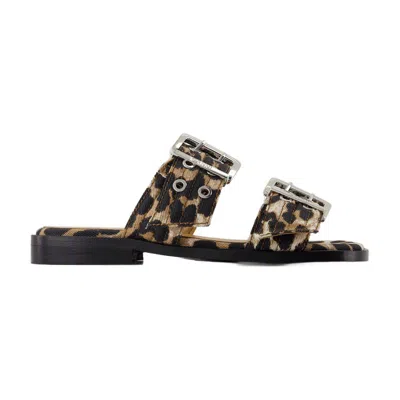 Ganni Leopard Print Two-strap Slides In Multi