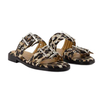 Ganni Leopard Print Two-strap Slides In Multi