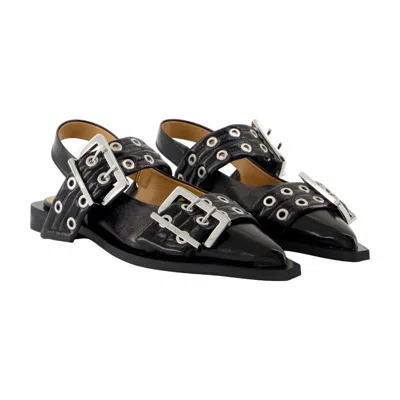 Ganni 'cocco' Black Leather Ballet Flats In Black