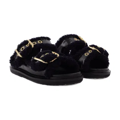 Marni Fussbett Leather And Shearling Sandals In Black
