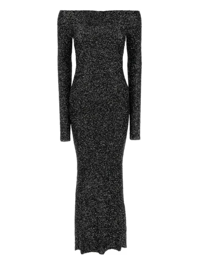 Stella Mccartney Embellished Knit Off-the-shoulder Dress In Silver