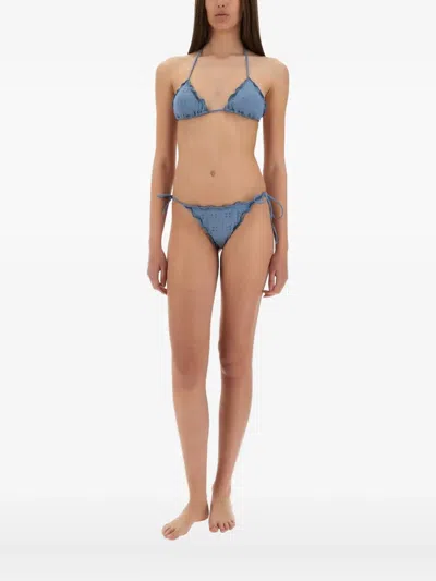 Mc2 Saint Barth Embroidered-eyelet Ruffled-details Bikini Bottoms In Blue