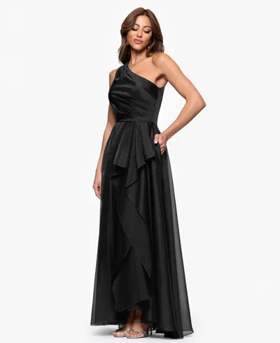Xscape Women's Metallic Draped One-shoulder Gown In Black