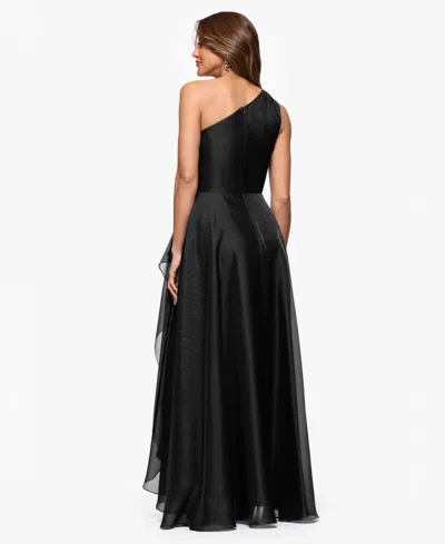 Xscape Women's Metallic Draped One-shoulder Gown In Black