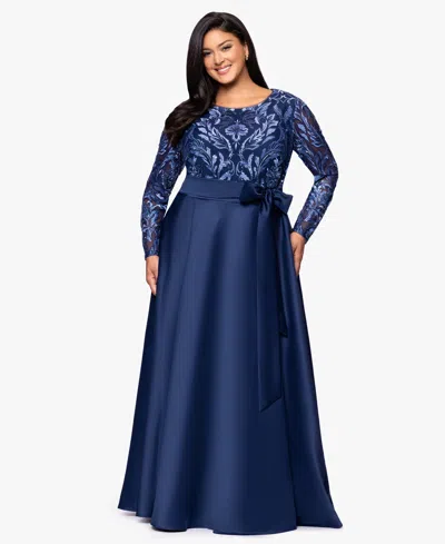 Xscape Plus Size Sequin Mesh Detail Long Sleeves Dress In Blue