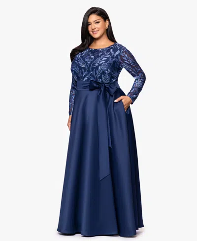 Xscape Plus Size Sequin Mesh Detail Long Sleeves Dress In Blue