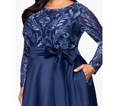 Xscape Plus Size Sequin Mesh Detail Long Sleeves Dress In Blue