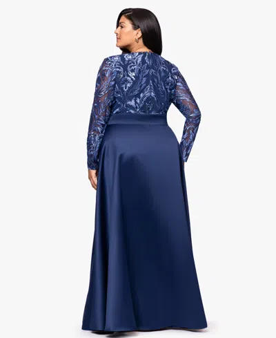 Xscape Plus Size Sequin Mesh Detail Long Sleeves Dress In Blue