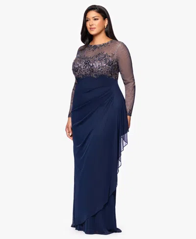 Xscape Plus Size Embroidered Long Sleeves Dress In Blue