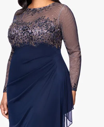 Xscape Plus Size Embroidered Long Sleeves Dress In Blue