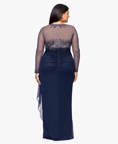 Xscape Plus Size Embroidered Long Sleeves Dress In Blue
