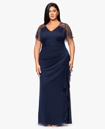 Xscape Plus Size Beaded Flutter Short Sleeves Sheath Dress In Blue