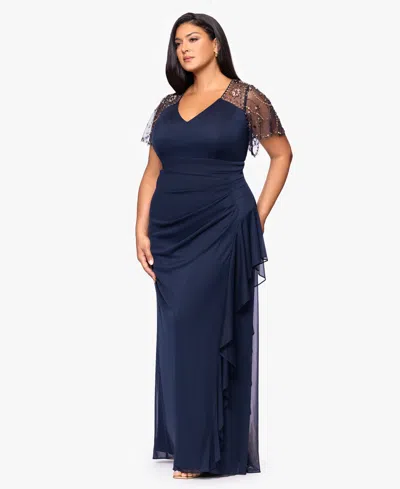 Xscape Plus Size Beaded Flutter Short Sleeves Sheath Dress In Blue