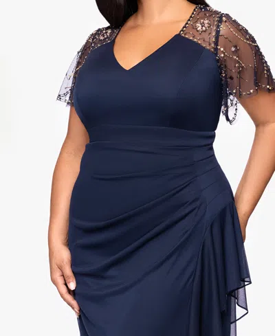 Xscape Plus Size Beaded Flutter Short Sleeves Sheath Dress In Blue