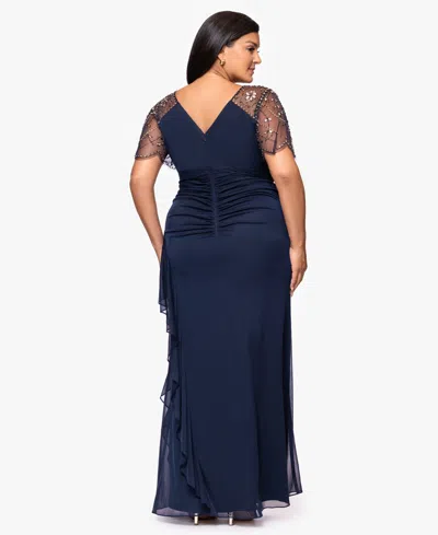 Xscape Plus Size Beaded Flutter Short Sleeves Sheath Dress In Blue