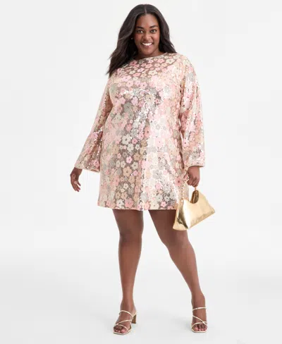 On 34th Trendy Plus Size Floral Sequin Embellished Shift Dress, Macy's Exclusive In Multi