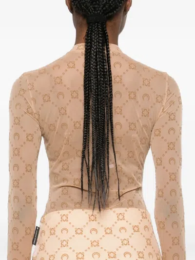 Marine Serre Signature Moon Pattern High-neck Long Sleeve Top In Brown