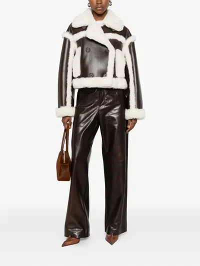 Stand Studio Cropped Bomber Jacket With Shearling Trim In Brown