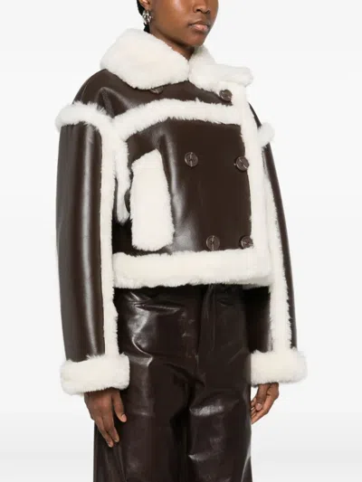 Stand Studio Cropped Bomber Jacket With Shearling Trim In Brown